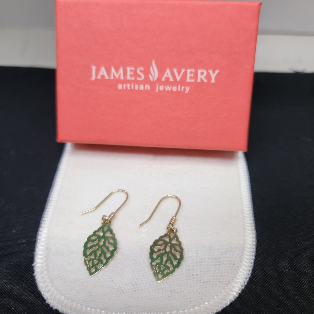 James Avery Retired Leaf Dangle Earrings 14k Yellow Gold Fishhook Style With Box - Picture 6 of 13